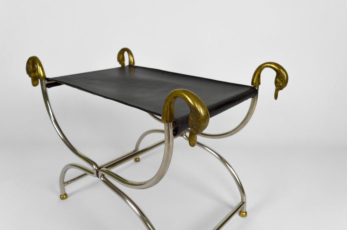 Curule / Stool With Neoclassical Swan Heads, Circa 1960-photo-2