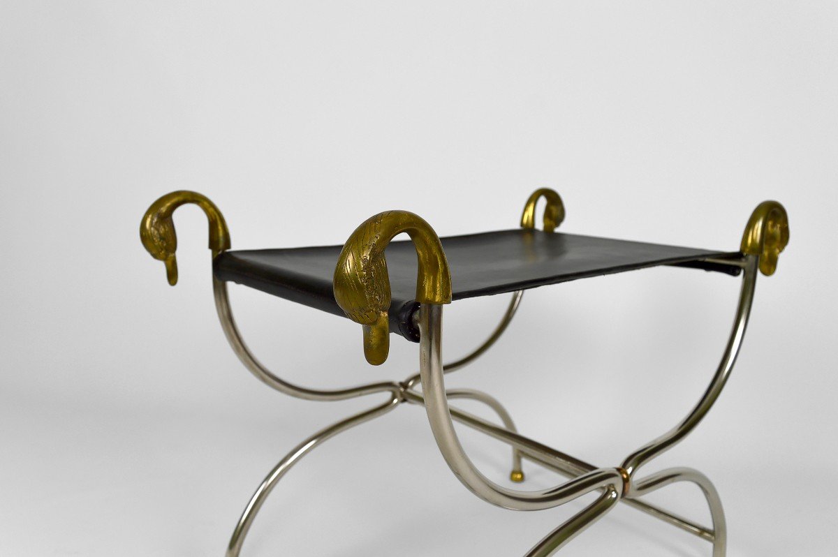 Curule / Stool With Neoclassical Swan Heads, Circa 1960-photo-3