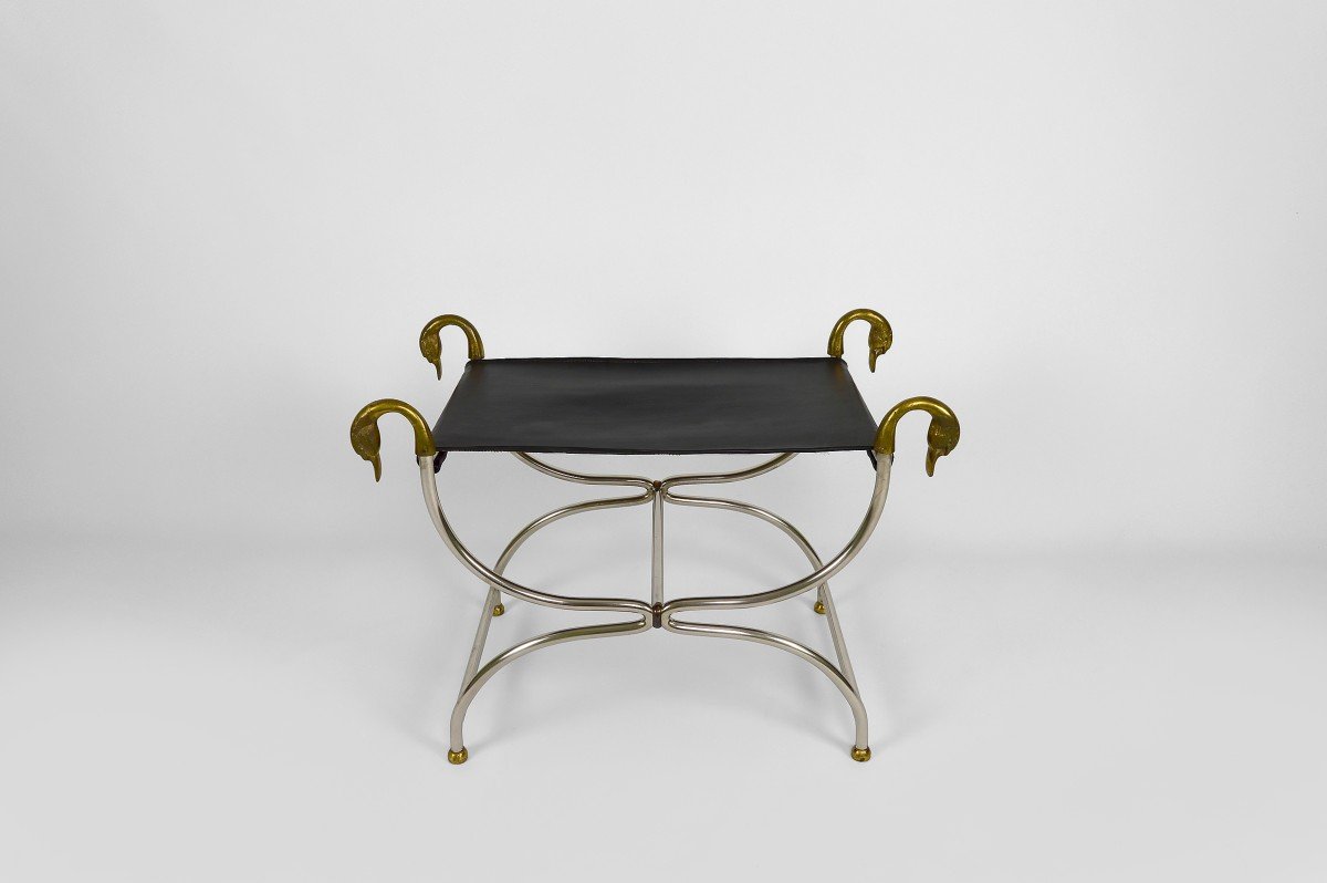 Curule / Stool With Neoclassical Swan Heads, Circa 1960-photo-5