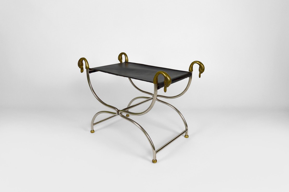 Curule / Stool With Neoclassical Swan Heads, Circa 1960-photo-6