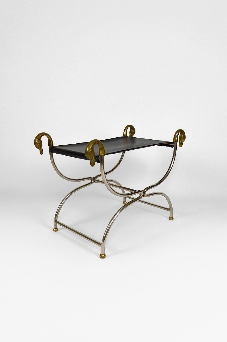 Curule / Stool With Neoclassical Swan Heads, Circa 1960-photo-8