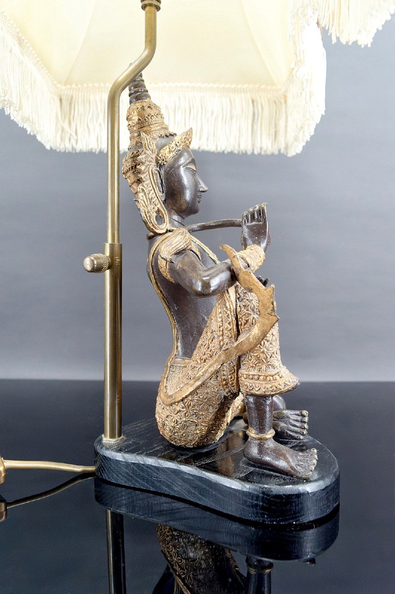 Lampe Au Bouddha Thaï En Bronze à Double Patine Noire Et Dorée, Circa 1960-1970-photo-8