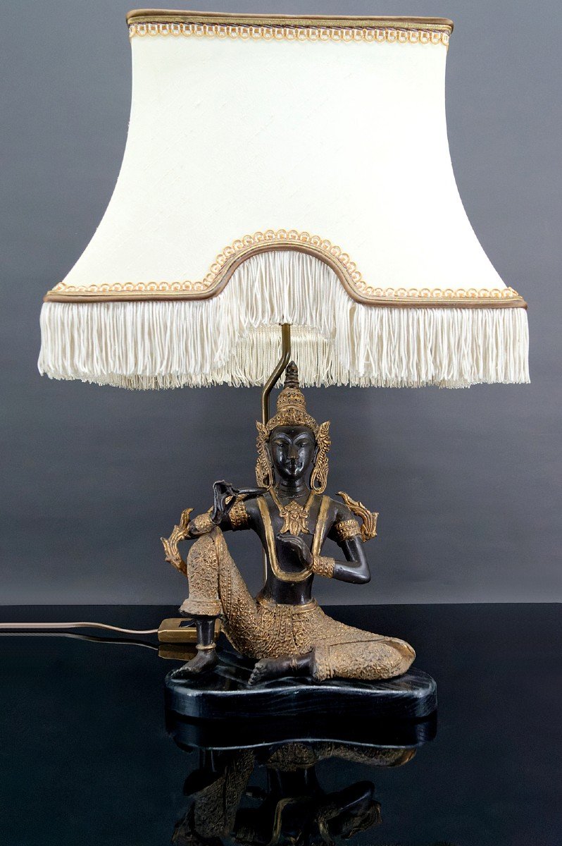 Lampe Au Bouddha Thaï En Bronze à Double Patine Noire Et Dorée, Circa 1960-1970