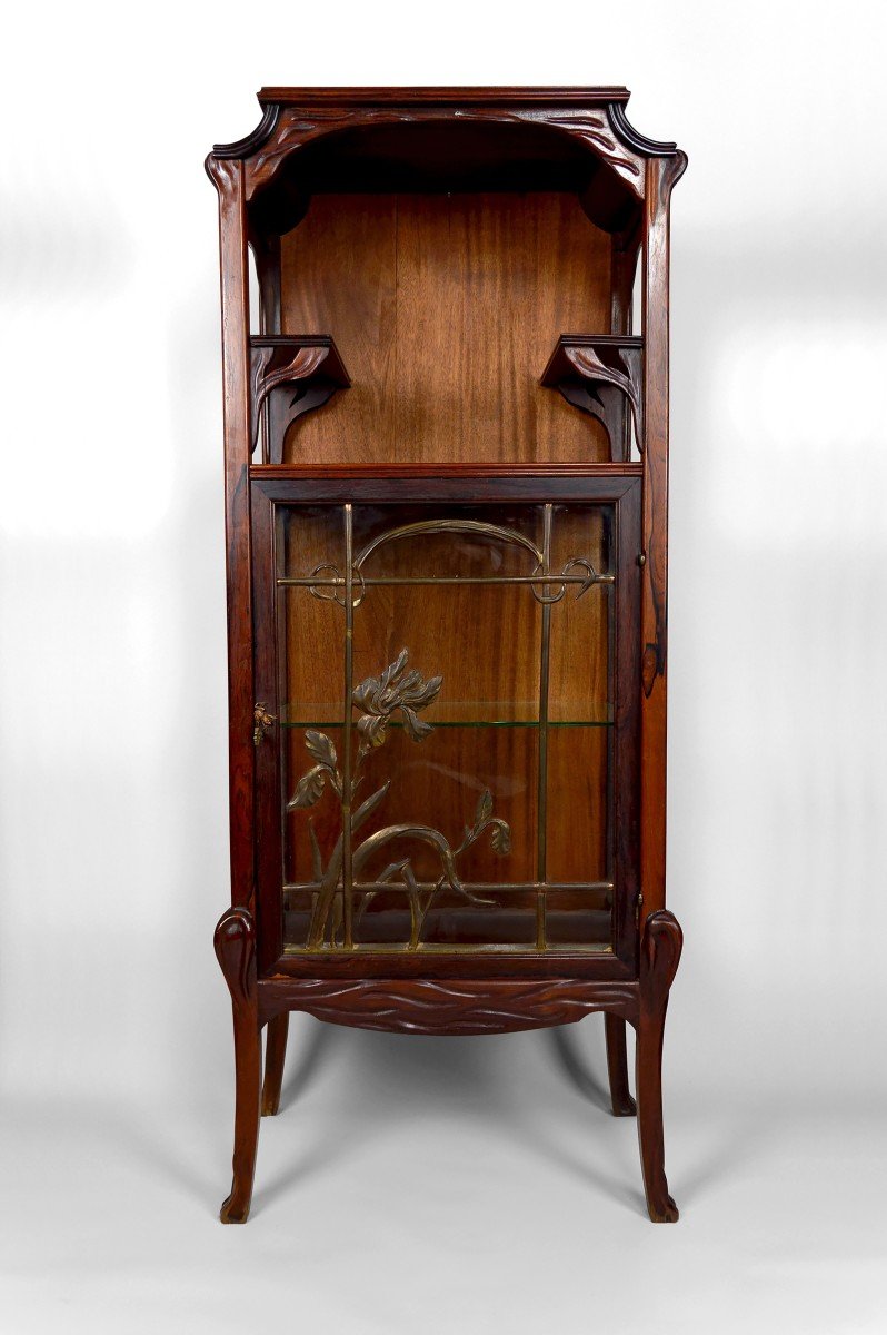 Art Nouveau Display Case, Bronzes And Carved Wood On A Lake Theme, France, Circa 1900