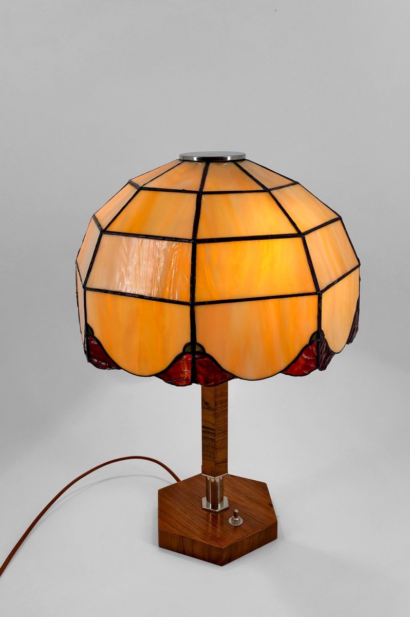 Lampe Art Déco Moderniste En Noyer, Chrome Et Vitrail Bicolore, France, Circa 1930-photo-6