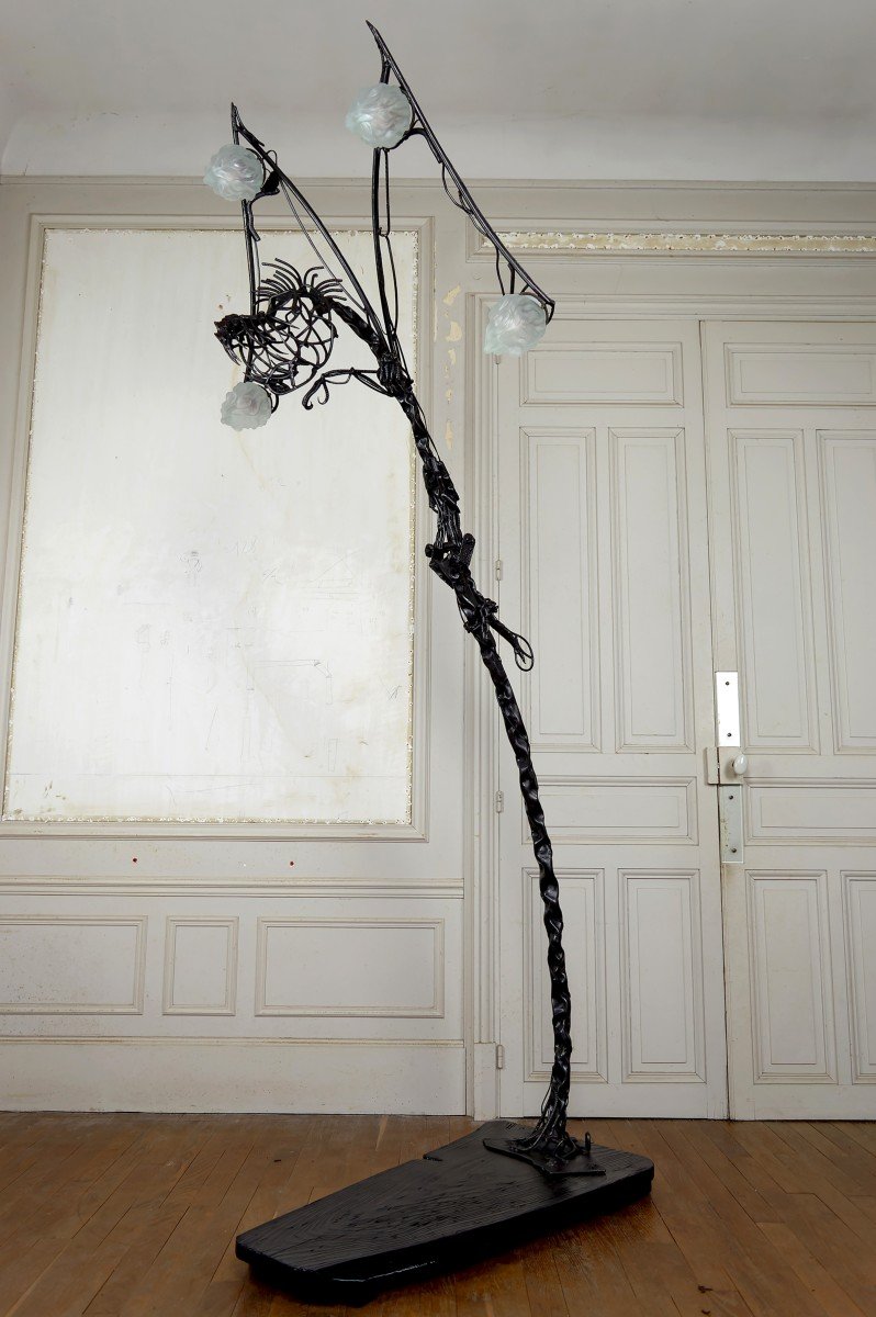 Important Brutalist Sculptural Wrought Iron Dragon Floor Lamp, France, Circa 1970-photo-2