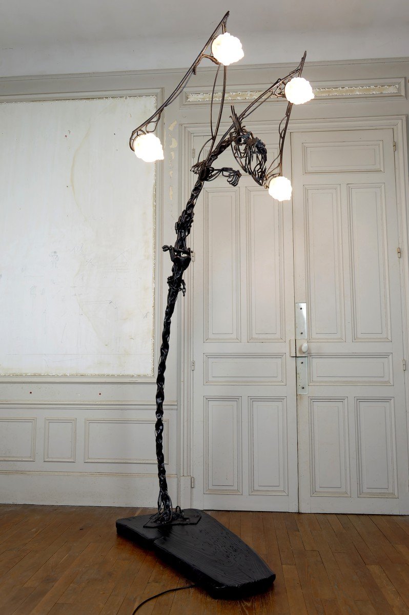 Important Brutalist Sculptural Wrought Iron Dragon Floor Lamp, France, Circa 1970-photo-3