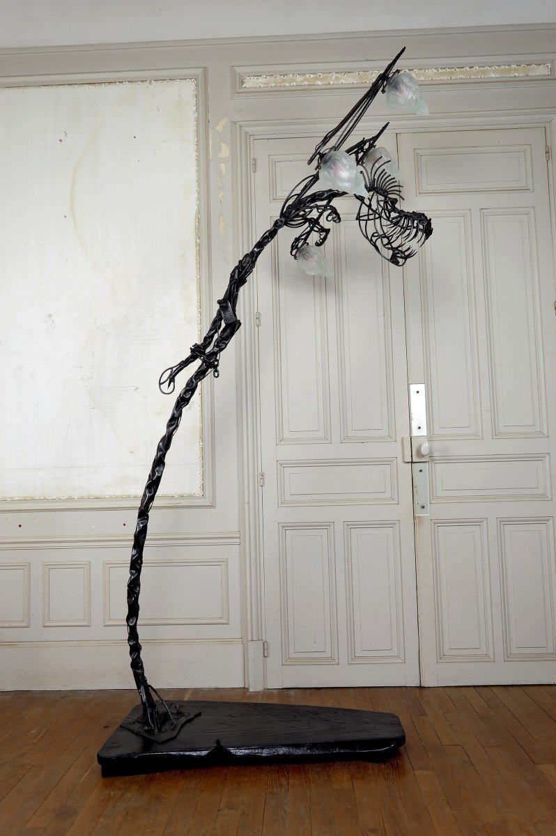 Important Brutalist Sculptural Wrought Iron Dragon Floor Lamp, France, Circa 1970-photo-4