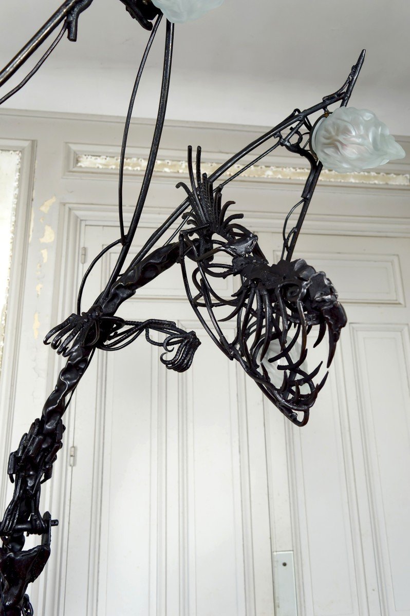 Important Brutalist Sculptural Wrought Iron Dragon Floor Lamp, France, Circa 1970-photo-3