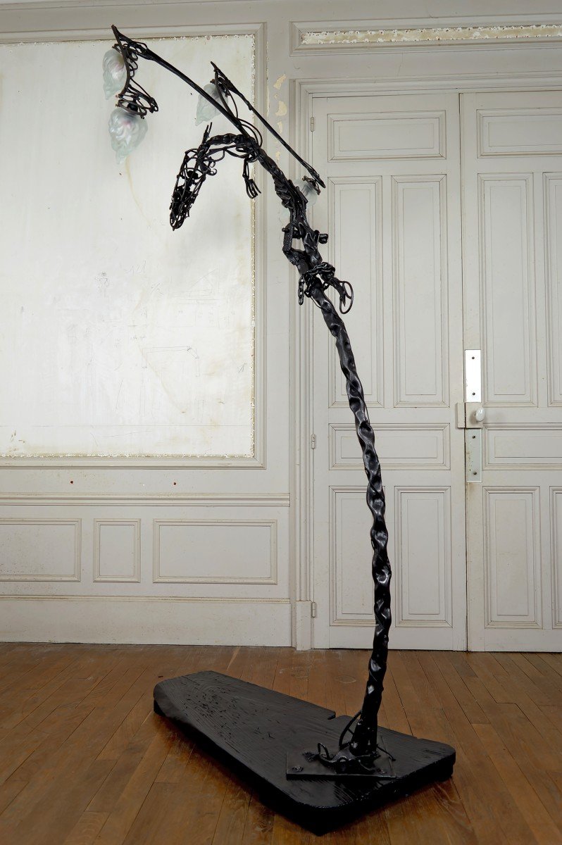 Important Brutalist Sculptural Wrought Iron Dragon Floor Lamp, France, Circa 1970-photo-5