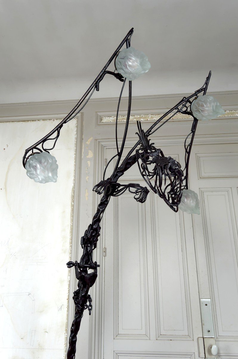 Important Brutalist Sculptural Wrought Iron Dragon Floor Lamp, France, Circa 1970-photo-7