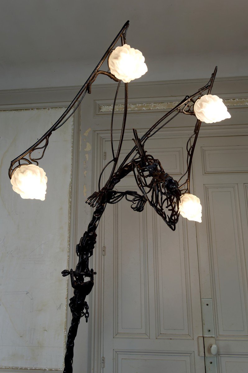 Important Brutalist Sculptural Wrought Iron Dragon Floor Lamp, France, Circa 1970-photo-8