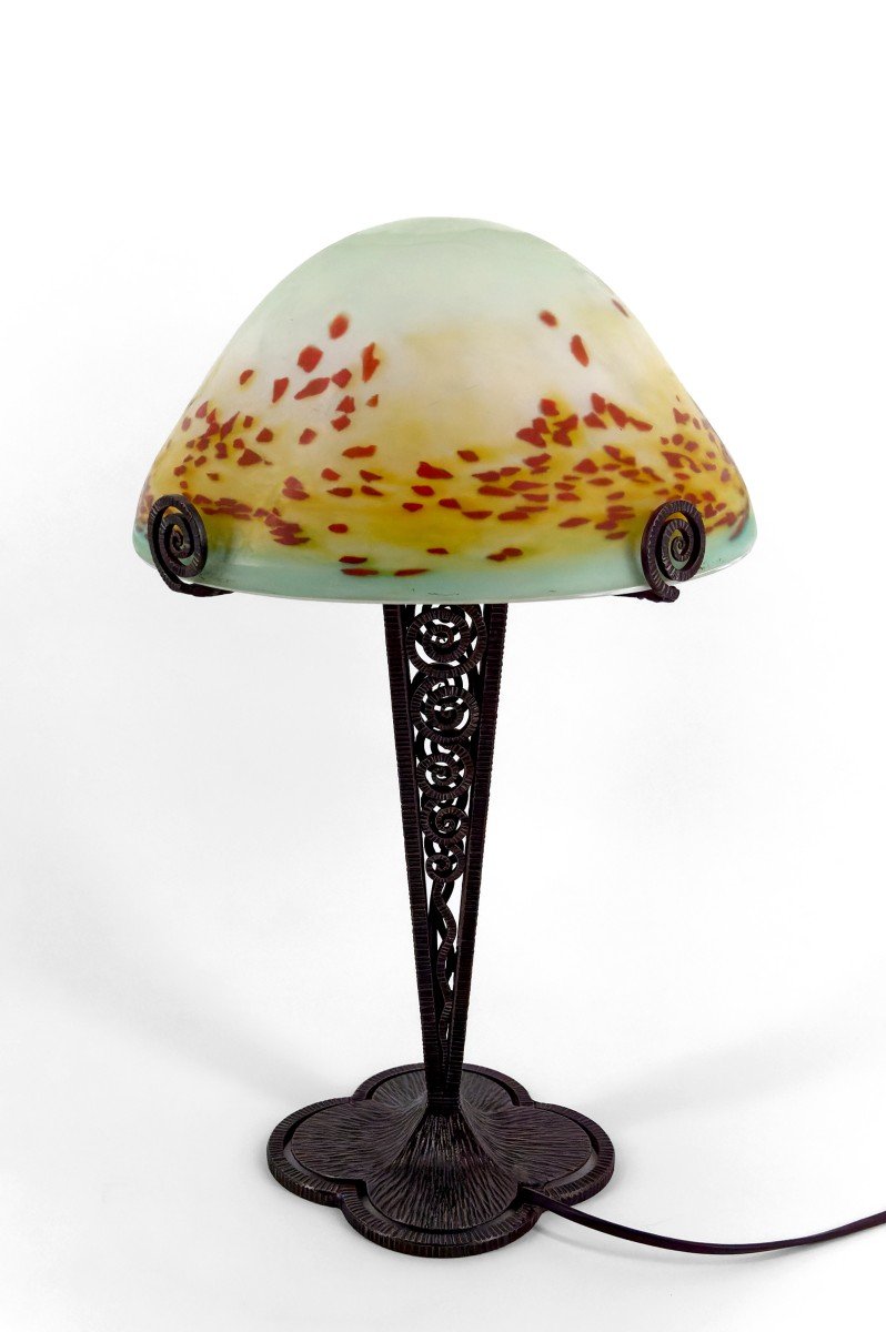 Lampe Champignon En Fer Forgé Et Abat-jour En Pâte De Verre Soufflée , Art Déco , France-photo-2