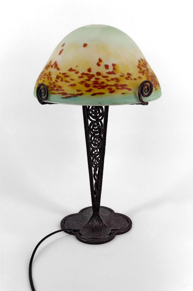 Lampe Champignon En Fer Forgé Et Abat-jour En Pâte De Verre Soufflée , Art Déco , France-photo-3