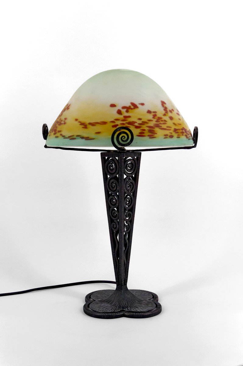 Lampe Champignon En Fer Forgé Et Abat-jour En Pâte De Verre Soufflée , Art Déco , France-photo-4