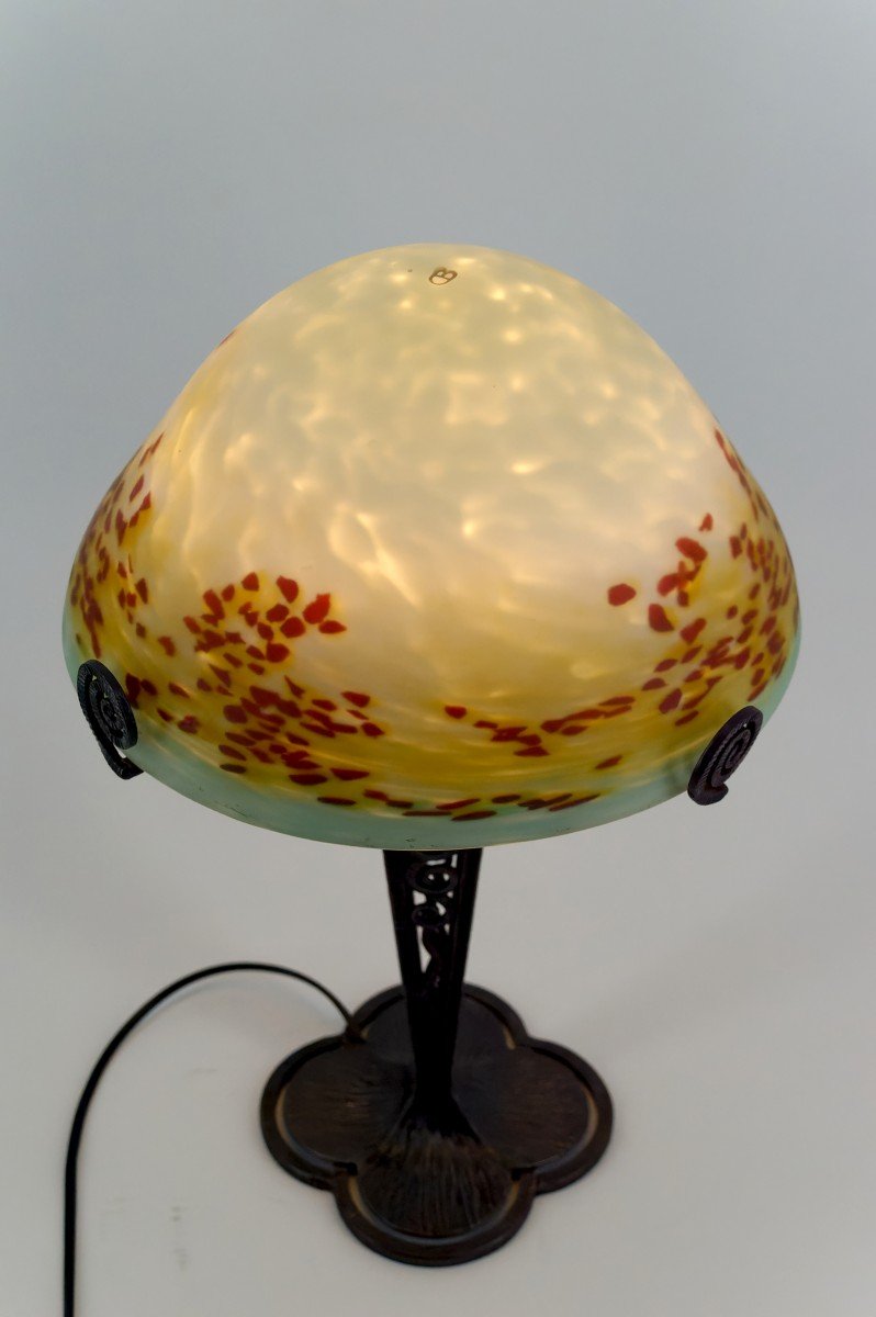 Lampe Champignon En Fer Forgé Et Abat-jour En Pâte De Verre Soufflée , Art Déco , France-photo-2