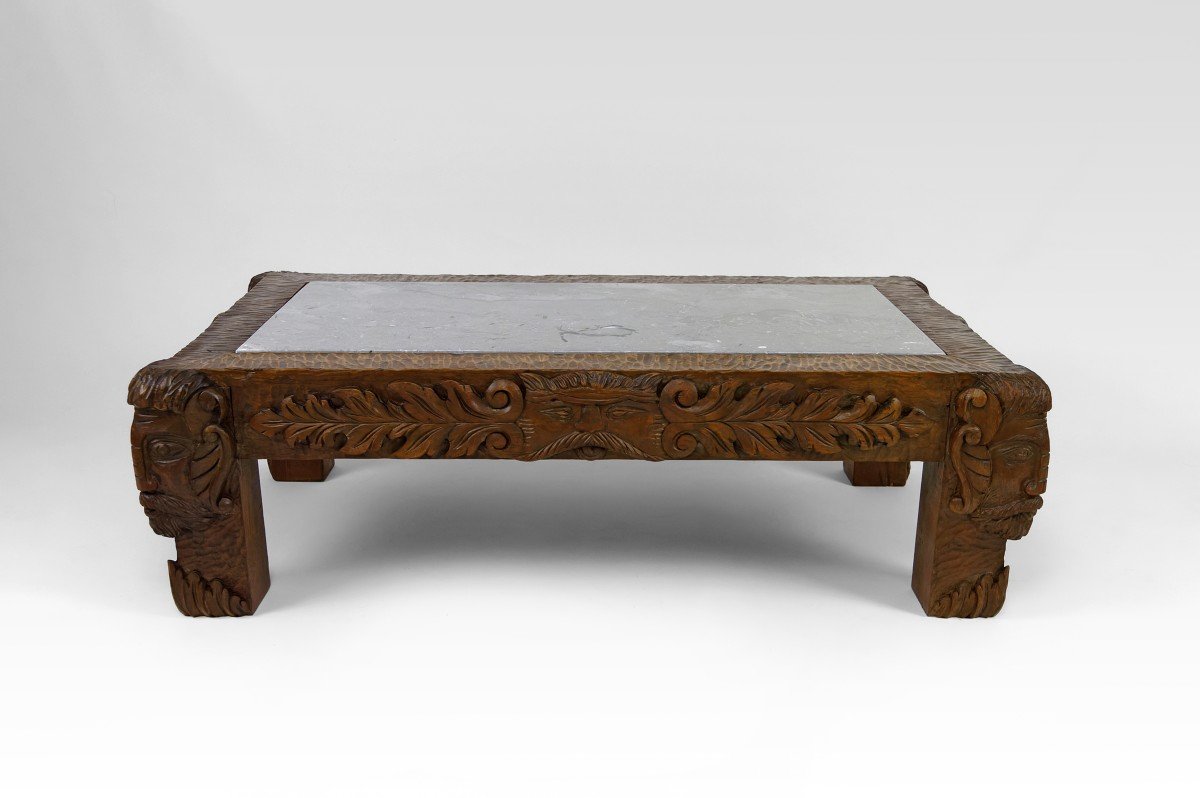 Table Basse En Chêne Sculpté à Têtes De Faunes Et Plateau En Marbre Gris, France,  Circa 1940 -photo-2