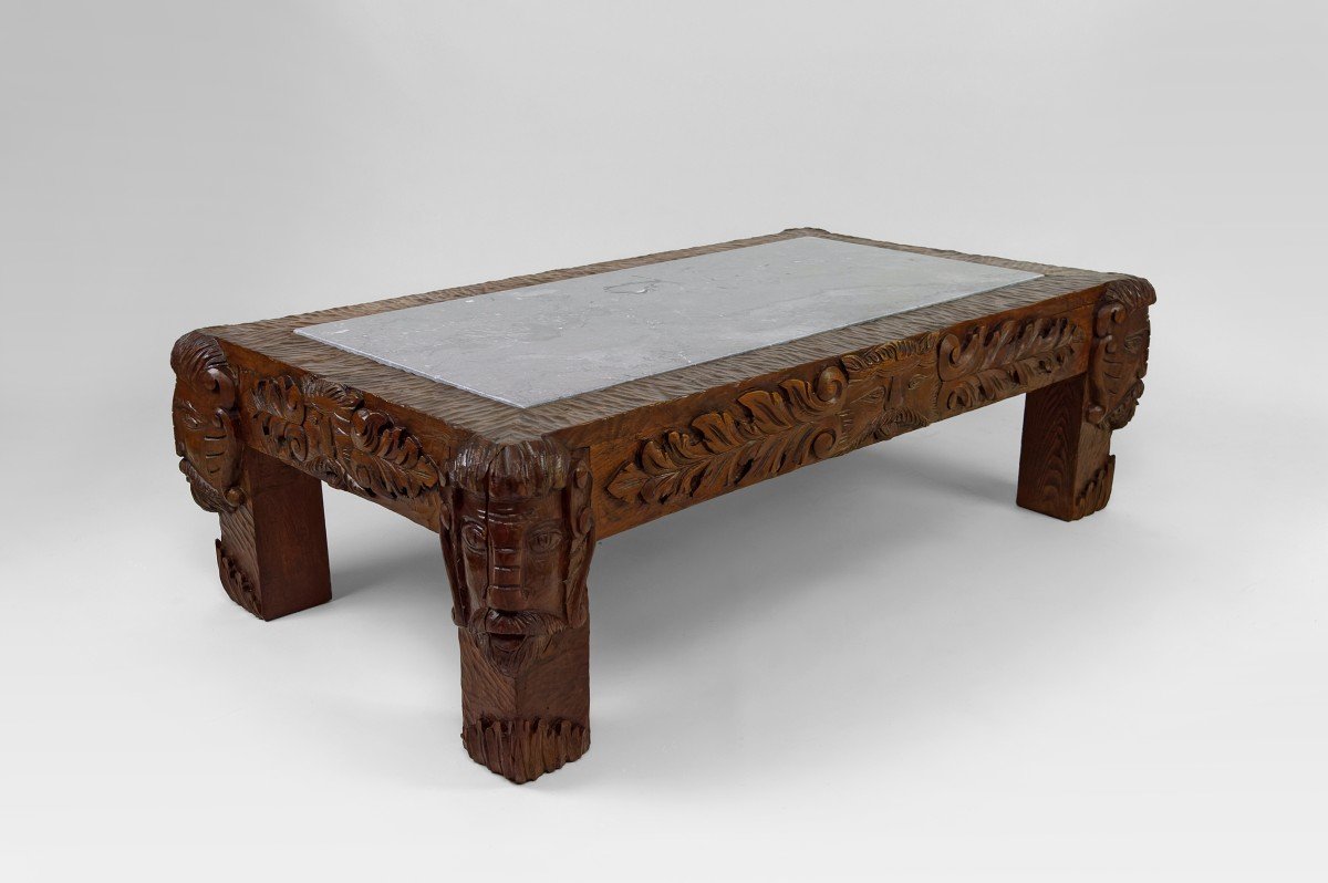 Table Basse En Chêne Sculpté à Têtes De Faunes Et Plateau En Marbre Gris, France,  Circa 1940 -photo-3