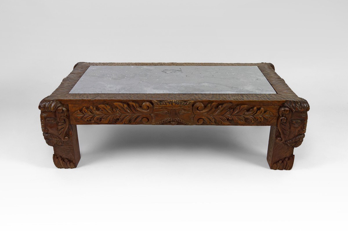 Table Basse En Chêne Sculpté à Têtes De Faunes Et Plateau En Marbre Gris, France,  Circa 1940 -photo-4