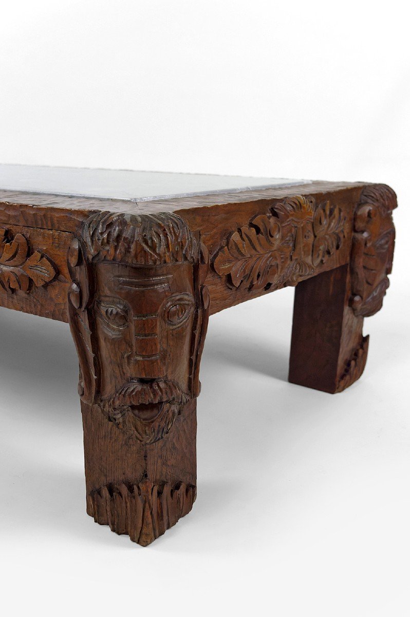 Table Basse En Chêne Sculpté à Têtes De Faunes Et Plateau En Marbre Gris, France,  Circa 1940 -photo-1