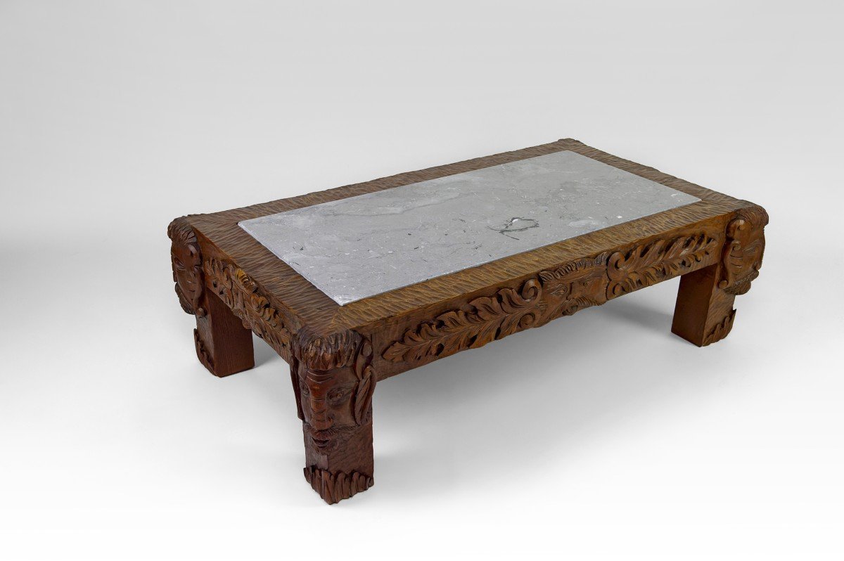 Table Basse En Chêne Sculpté à Têtes De Faunes Et Plateau En Marbre Gris, France,  Circa 1940 -photo-4