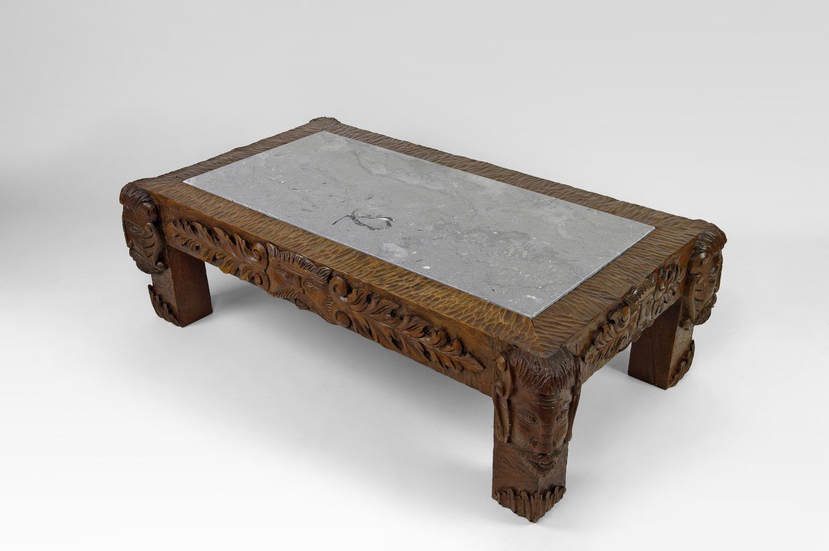 Table Basse En Chêne Sculpté à Têtes De Faunes Et Plateau En Marbre Gris, France,  Circa 1940 -photo-5