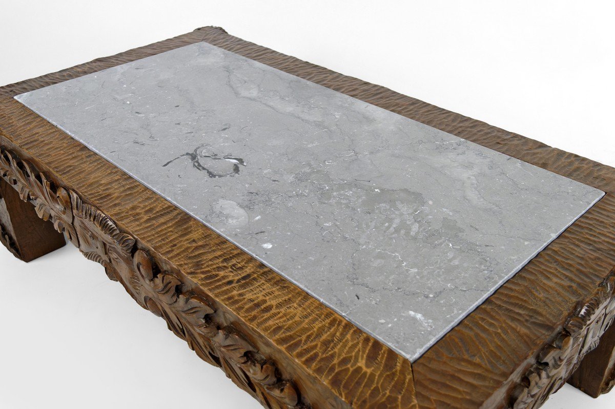 Table Basse En Chêne Sculpté à Têtes De Faunes Et Plateau En Marbre Gris, France,  Circa 1940 -photo-8