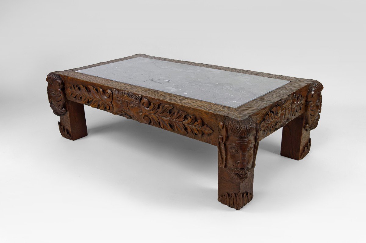 Table Basse En Chêne Sculpté à Têtes De Faunes Et Plateau En Marbre Gris, France,  Circa 1940 