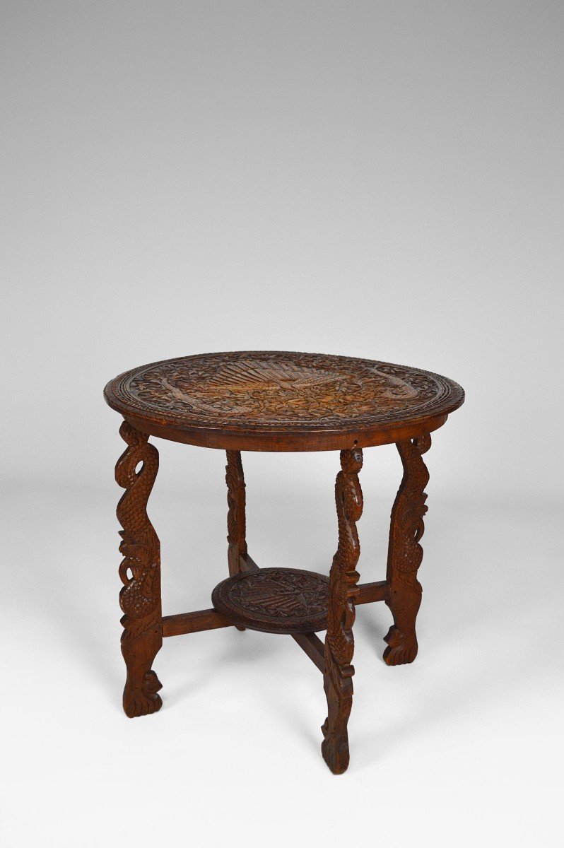 Table Basse / Guéridon, Bois Sculpté De Dragons Et De Paons, Indonésie, Début XXe