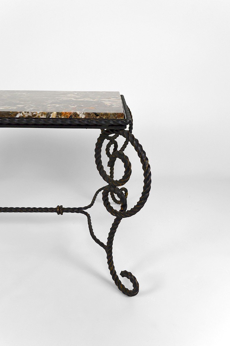 Table Basse En Fer Forgé "cordages" Patiné Et Marbre , Circa 1940-photo-8