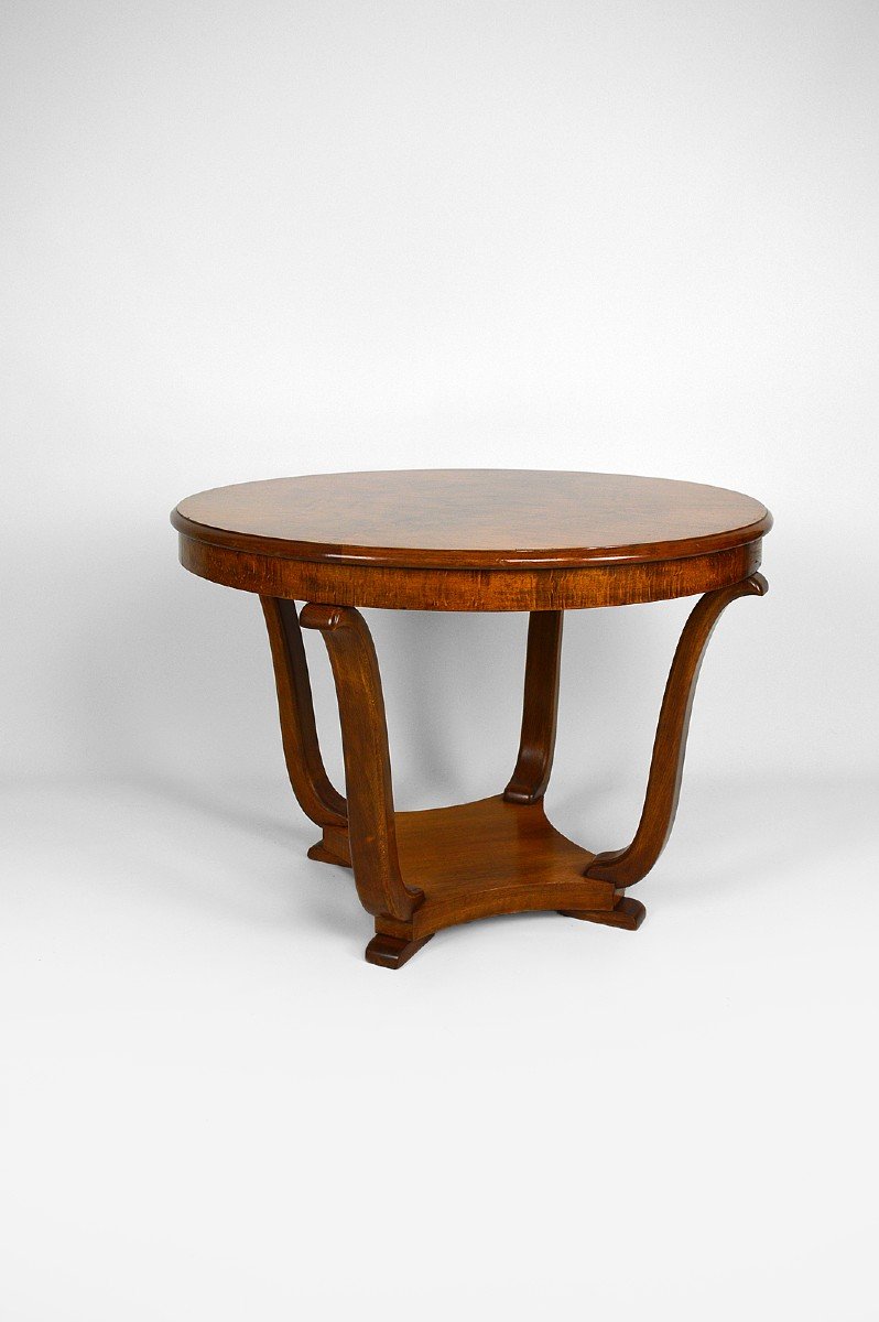 Art Deco Round Walnut Veneer Pedestal Table, France, Circa 1930-photo-2