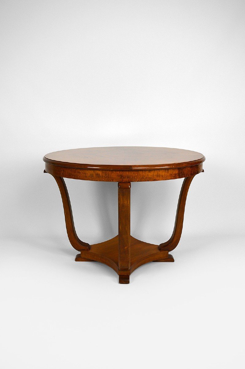 Art Deco Round Walnut Veneer Pedestal Table, France, Circa 1930-photo-3