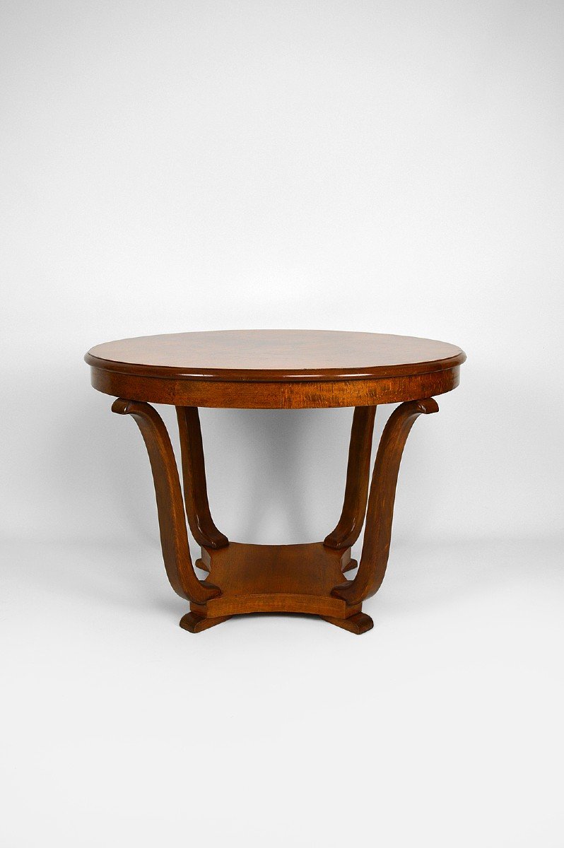 Art Deco Round Walnut Veneer Pedestal Table, France, Circa 1930-photo-4