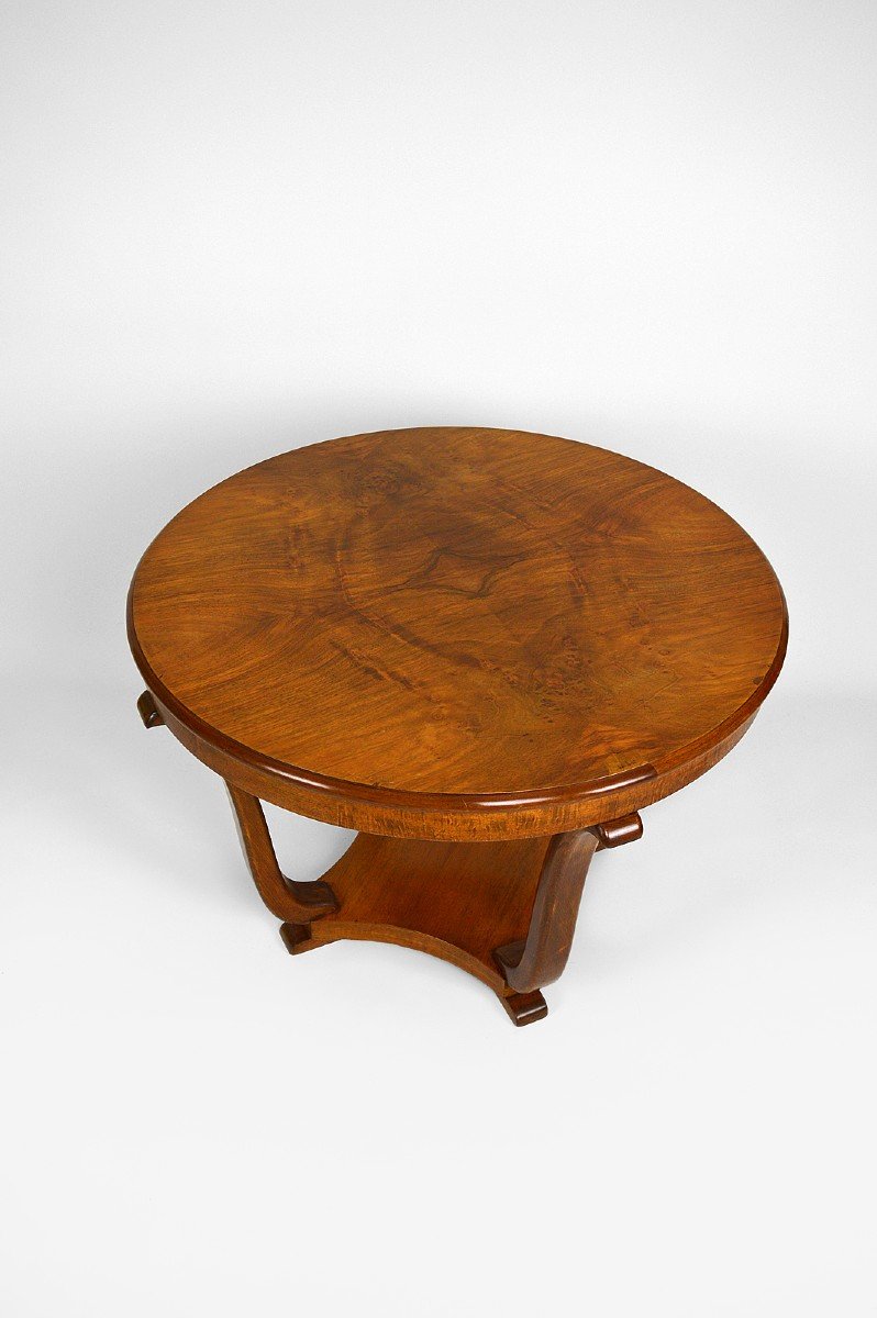 Art Deco Round Walnut Veneer Pedestal Table, France, Circa 1930-photo-4