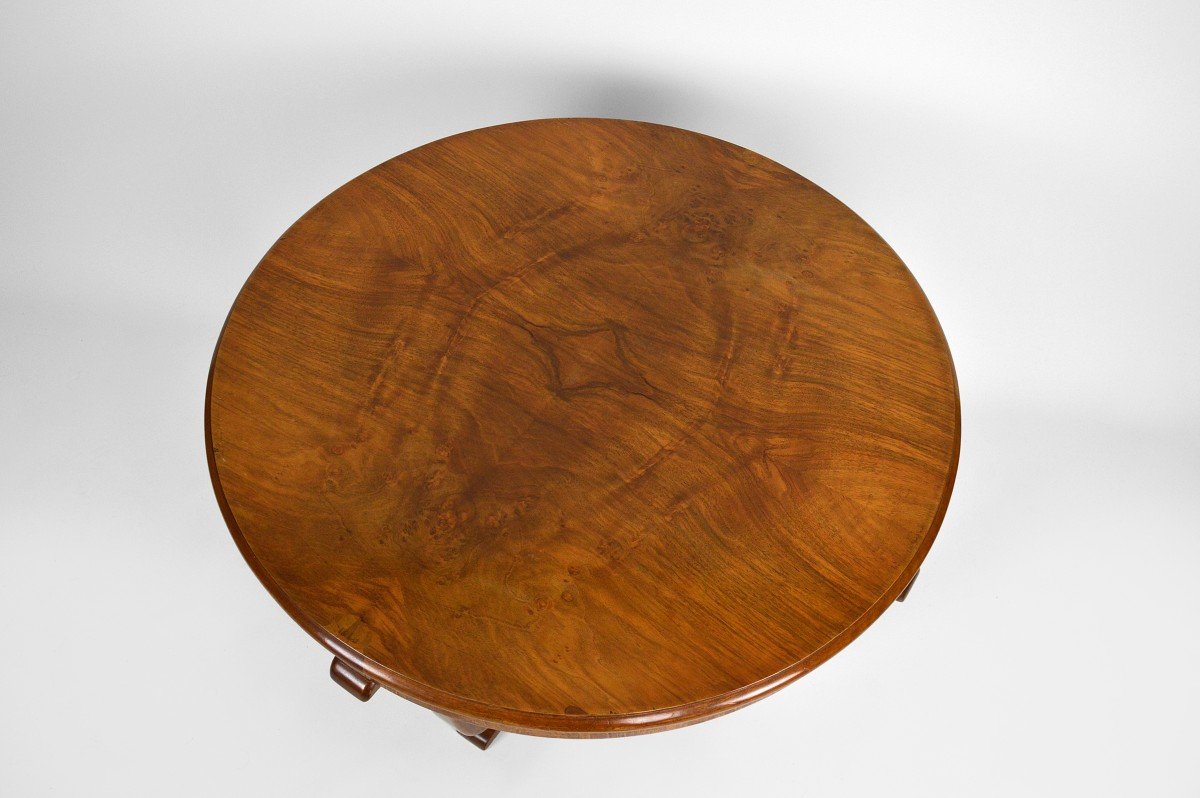 Art Deco Round Walnut Veneer Pedestal Table, France, Circa 1930-photo-5