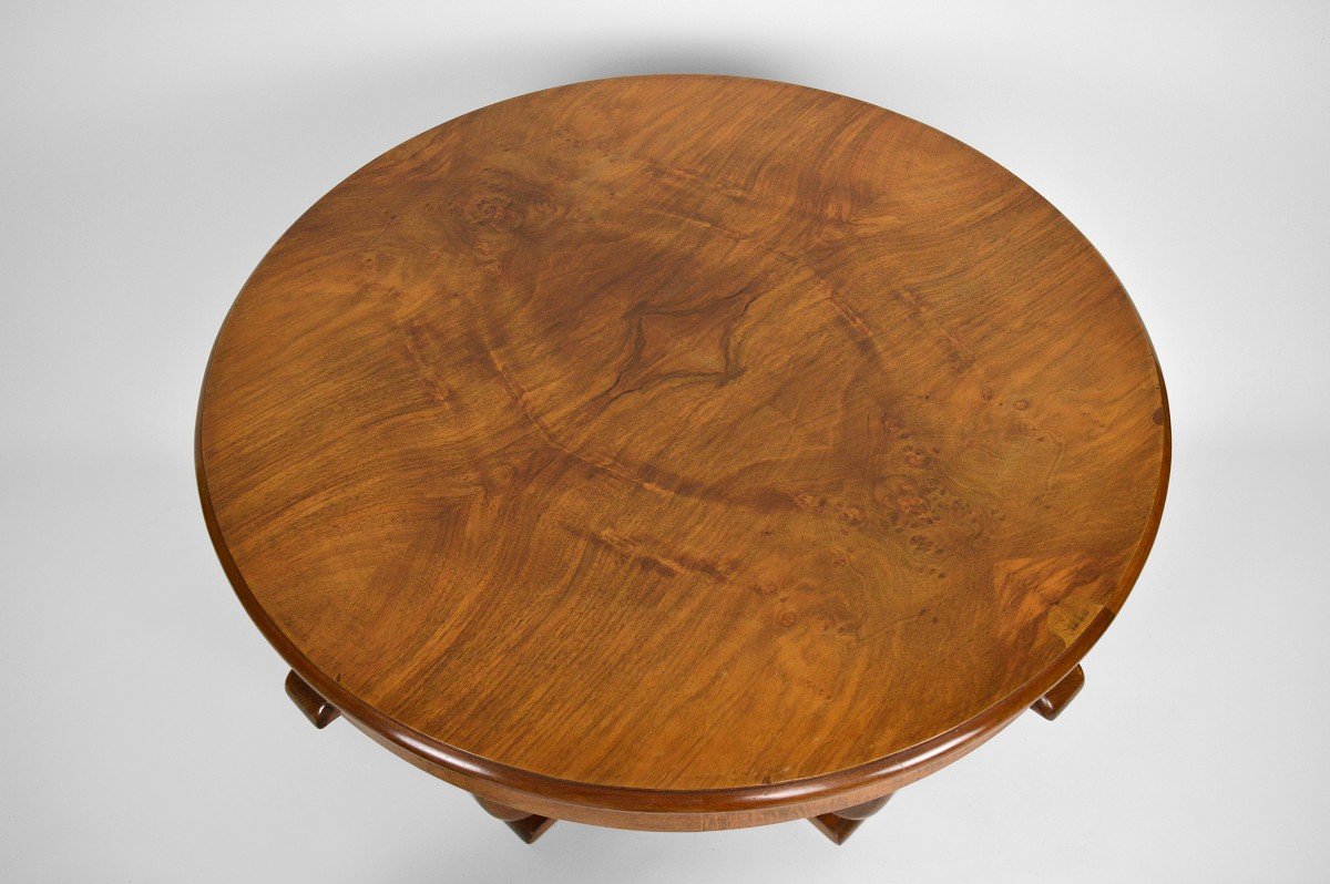 Art Deco Round Walnut Veneer Pedestal Table, France, Circa 1930-photo-6