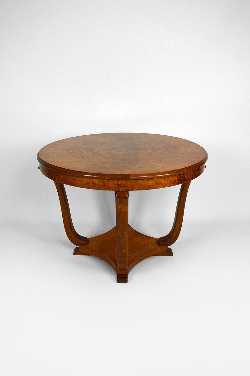 Art Deco Round Walnut Veneer Pedestal Table, France, Circa 1930-photo-7