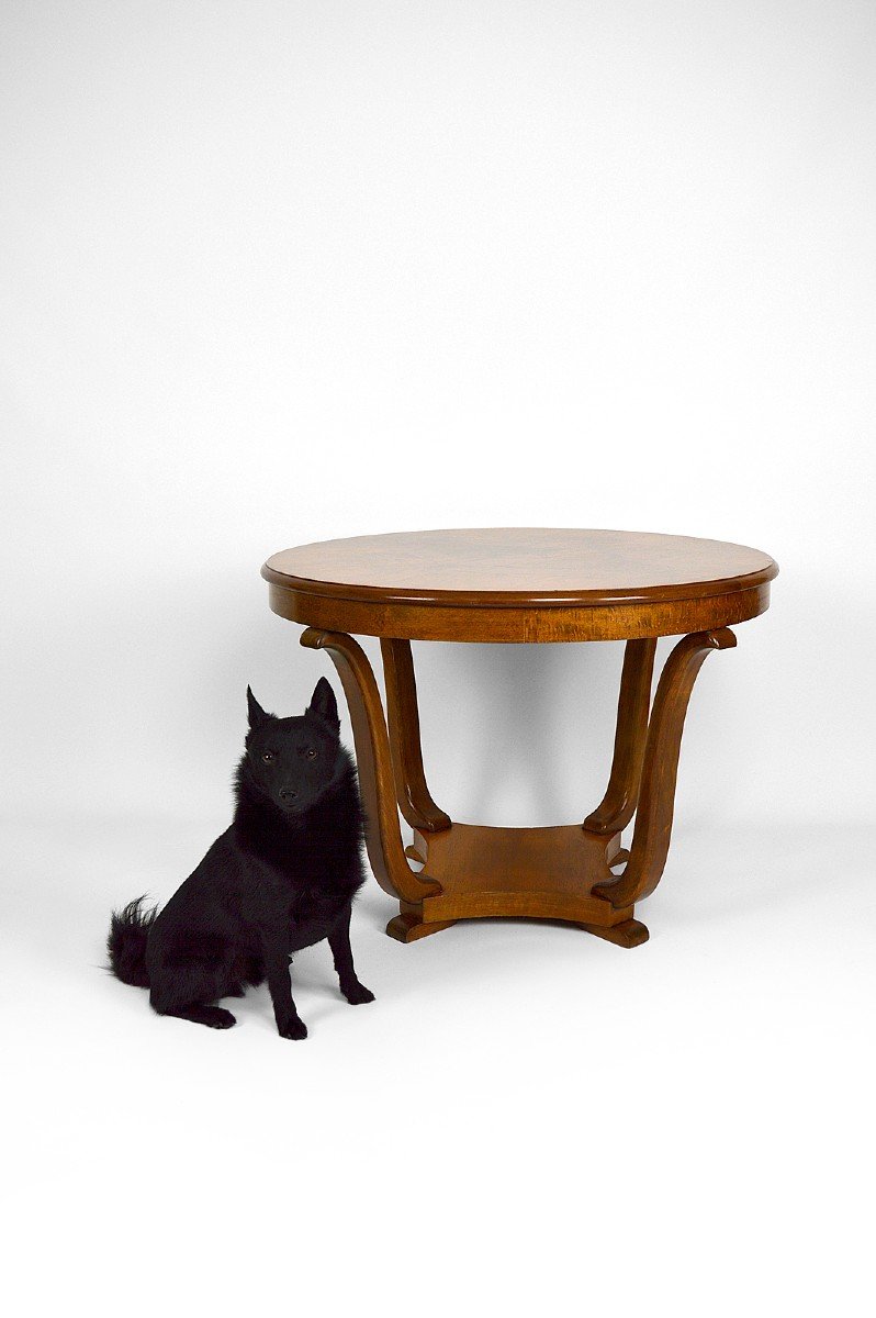 Art Deco Round Walnut Veneer Pedestal Table, France, Circa 1930-photo-8