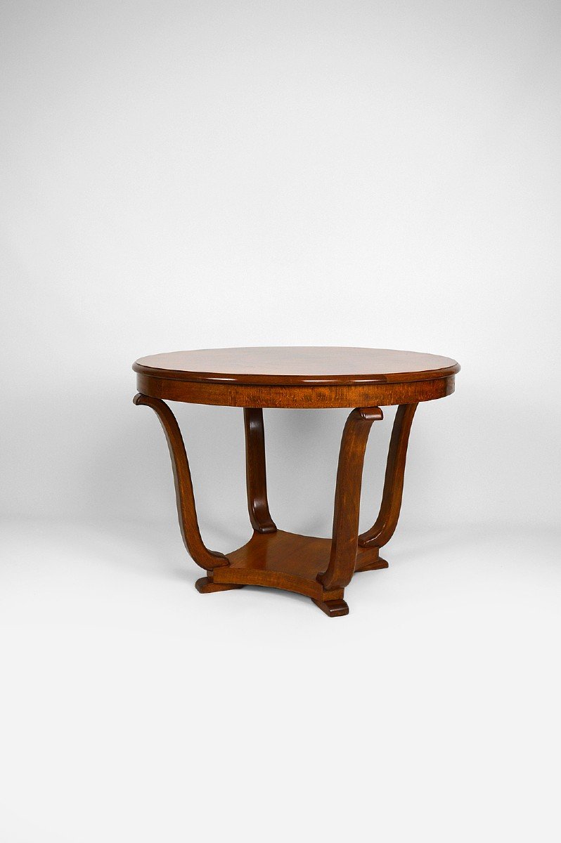 Art Deco Round Walnut Veneer Pedestal Table, France, Circa 1930