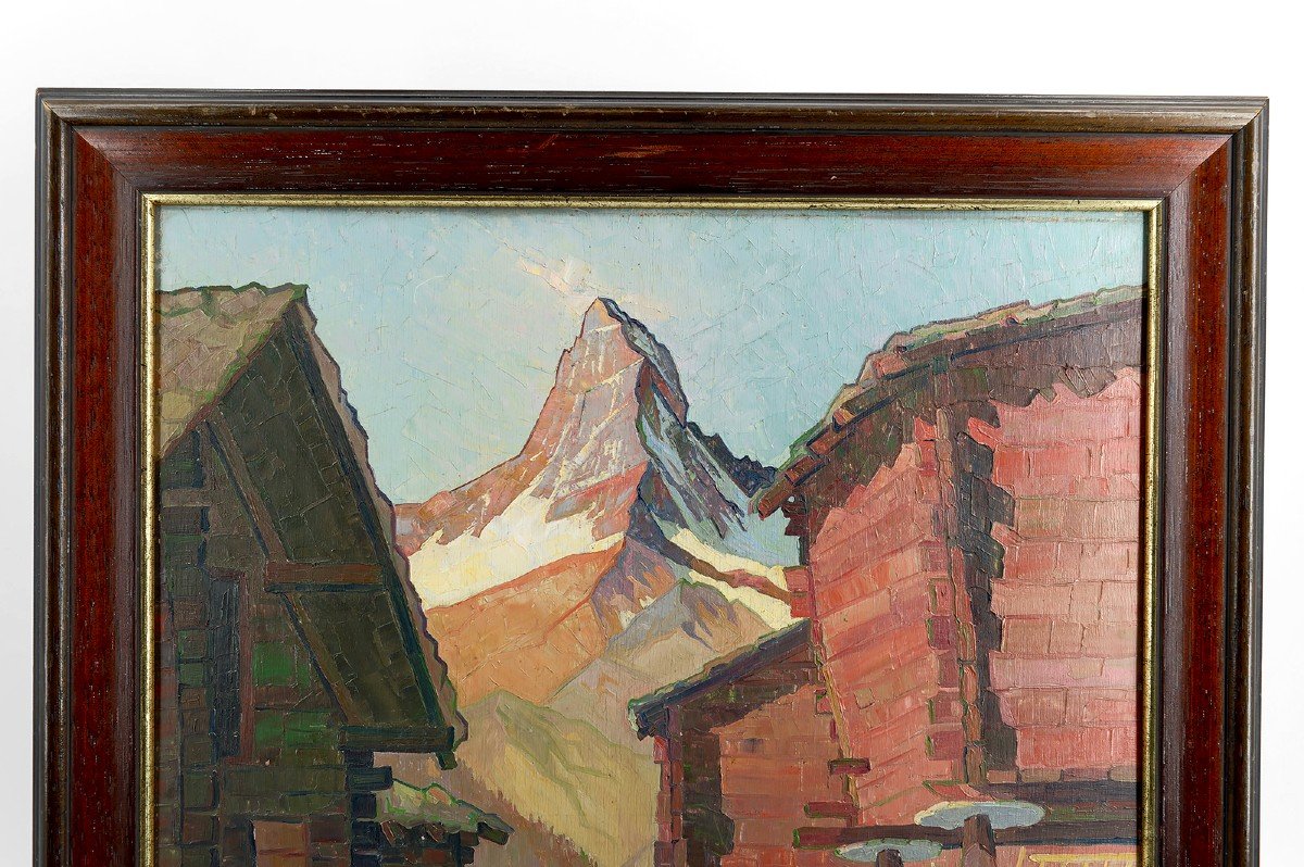 Swiss Landscape View, Oil On Panel, "findeln Mit Matterhorn", Fr. Wipperman, 1937-photo-2