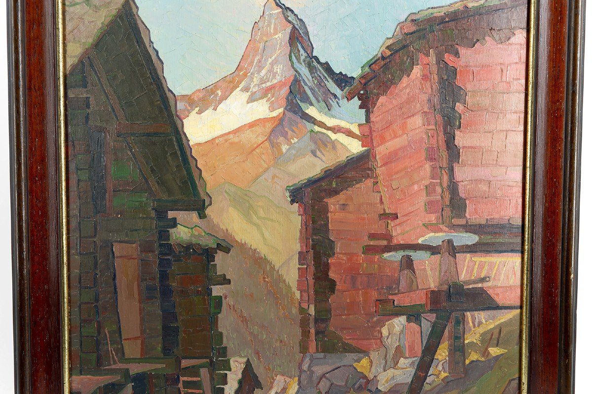 Swiss Landscape View, Oil On Panel, "findeln Mit Matterhorn", Fr. Wipperman, 1937-photo-4