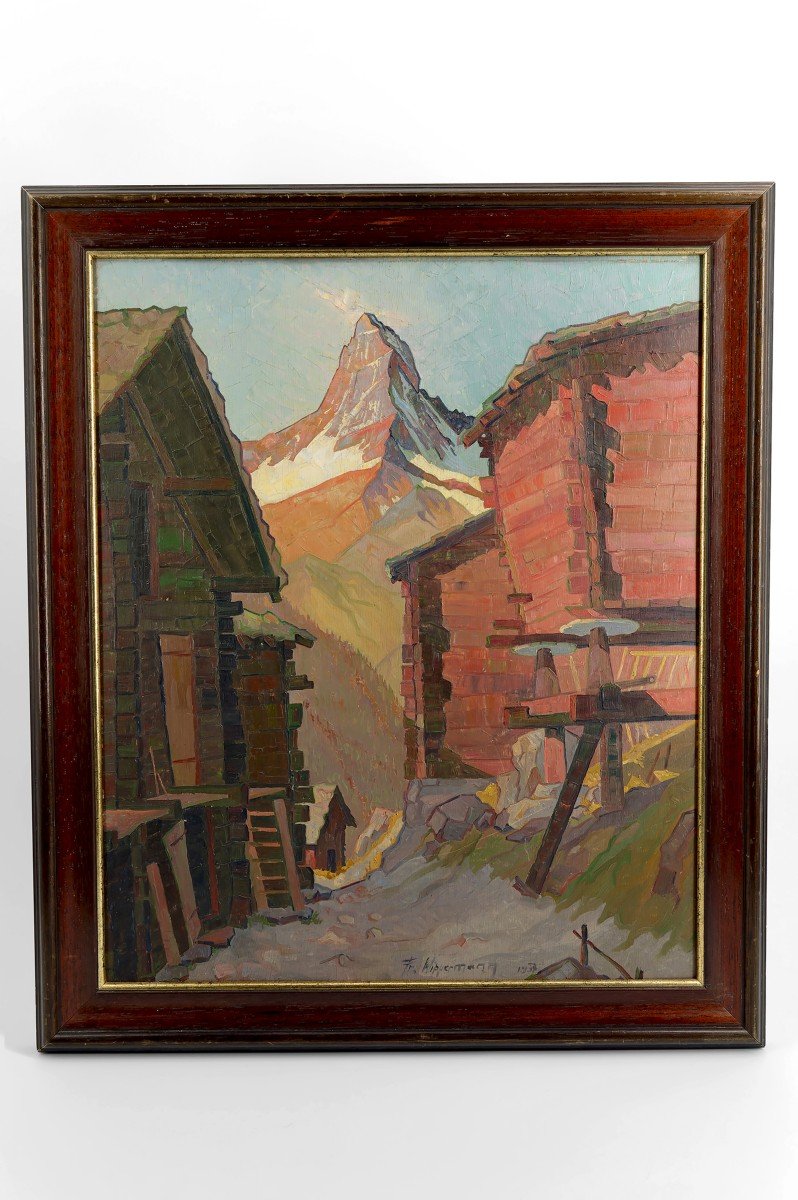 Swiss Landscape View, Oil On Panel, "findeln Mit Matterhorn", Fr. Wipperman, 1937