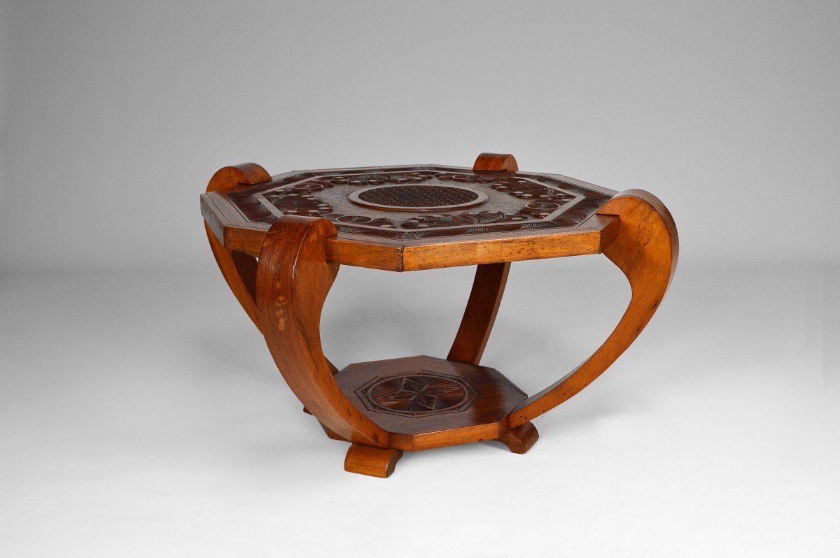 Coffee Table / Pedestal Table, Solid Exotic Carved Wood, Colonial Art Deco, Circa 1930-photo-3