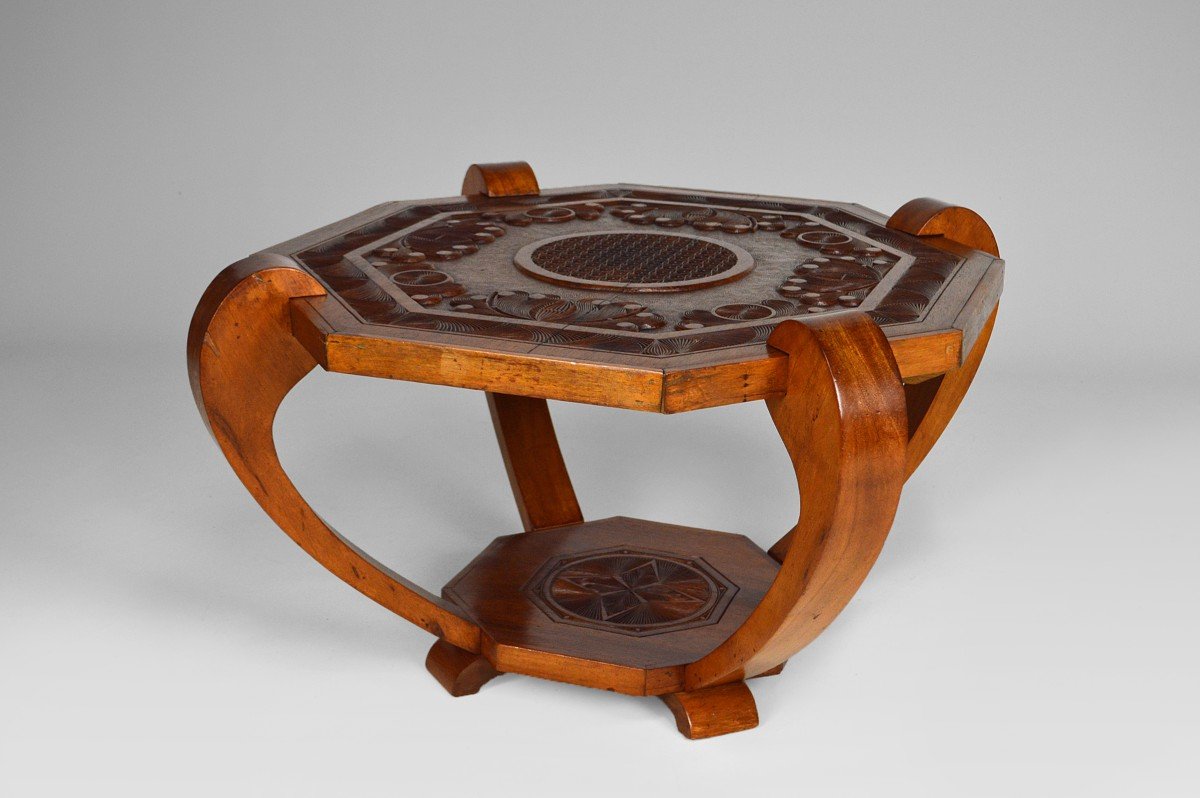 Coffee Table / Pedestal Table, Solid Exotic Carved Wood, Colonial Art Deco, Circa 1930-photo-4