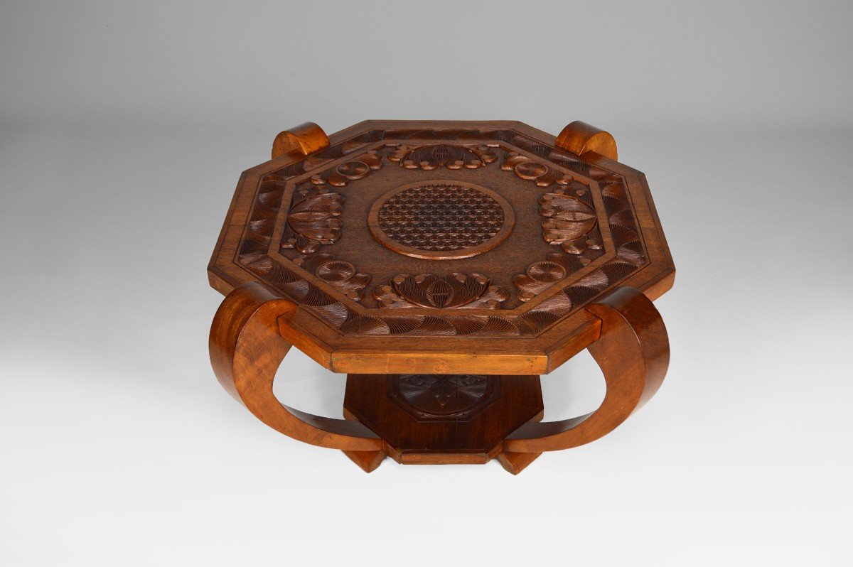 Coffee Table / Pedestal Table, Solid Exotic Carved Wood, Colonial Art Deco, Circa 1930-photo-1