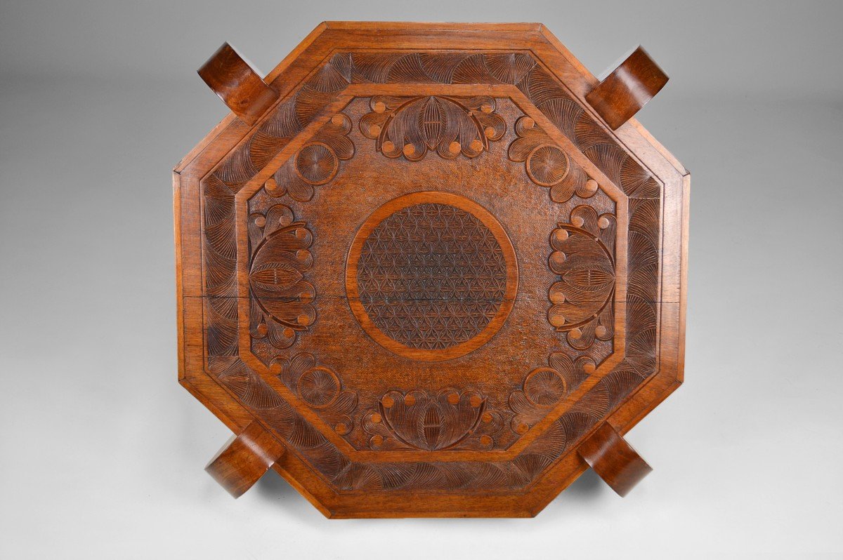 Coffee Table / Pedestal Table, Solid Exotic Carved Wood, Colonial Art Deco, Circa 1930-photo-2