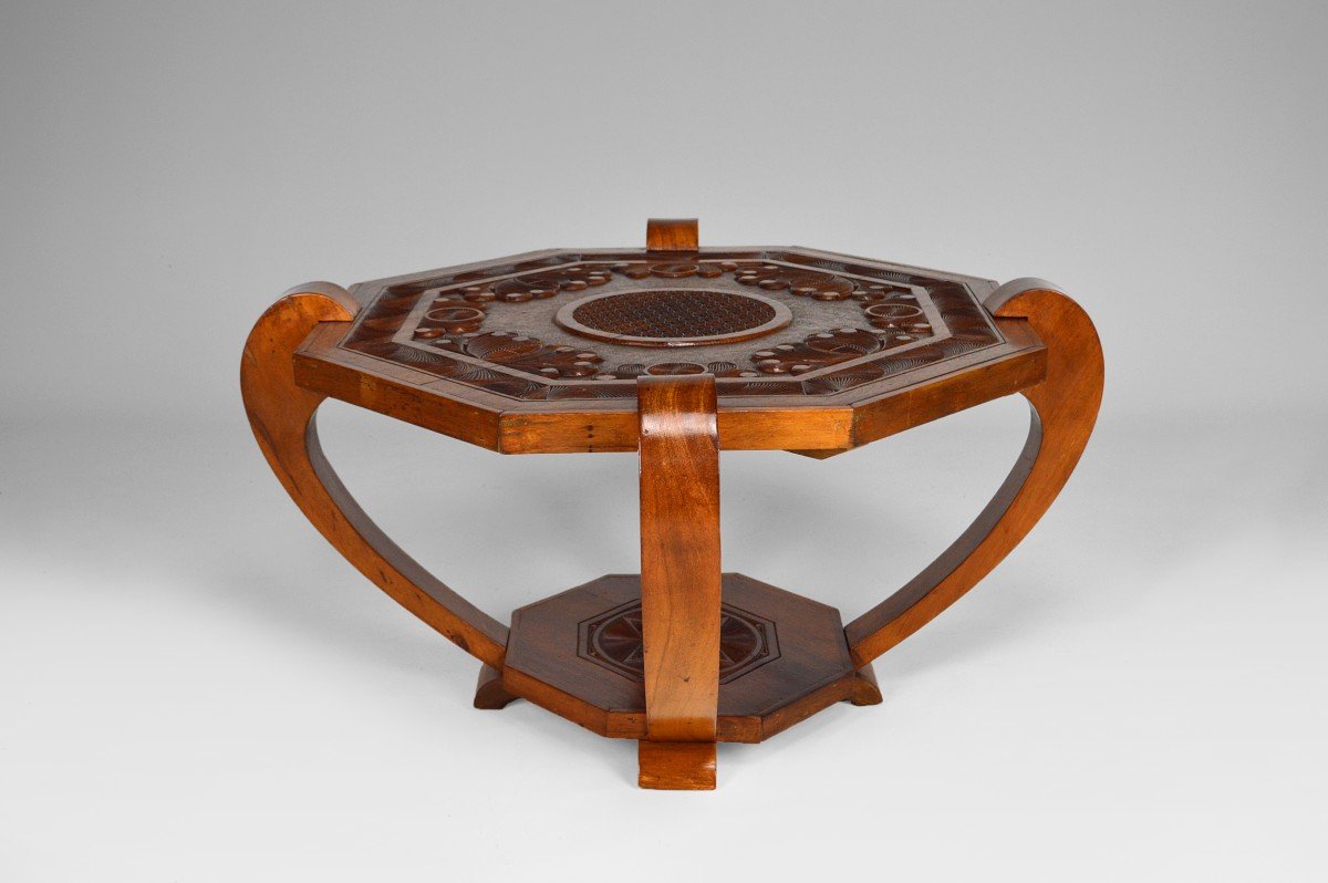 Coffee Table / Pedestal Table, Solid Exotic Carved Wood, Colonial Art Deco, Circa 1930-photo-7