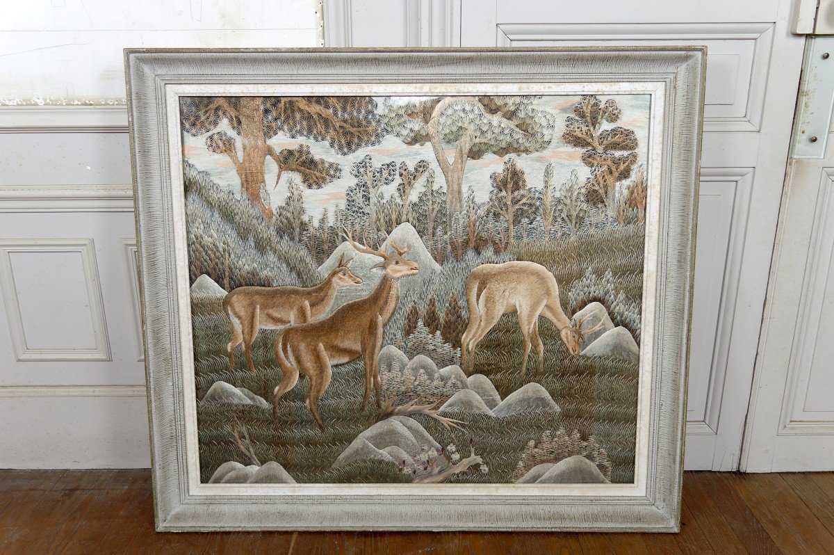 Large Indochinese Silk Embroidered Hanging, Framed, "deer In The Forest", Vietnam, 1940