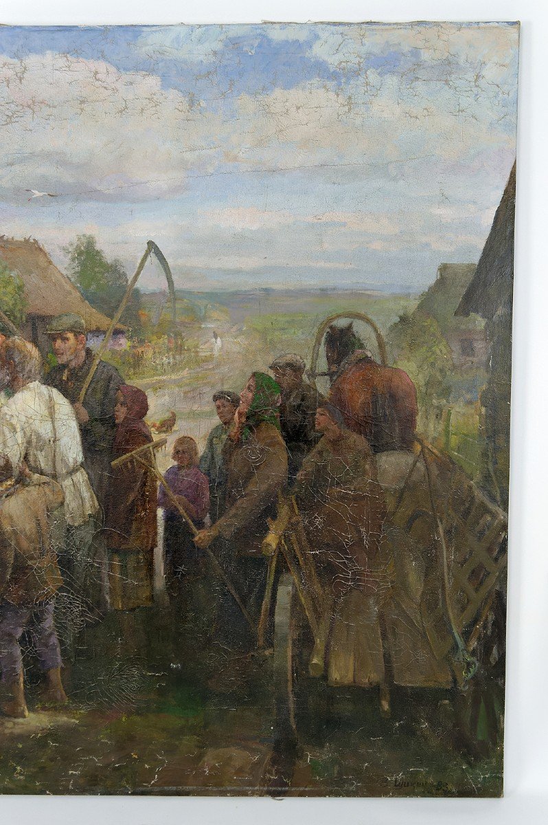 Important Soviet Propaganda Painting, "soldiers And Peasants", Ussr, 1983-photo-2