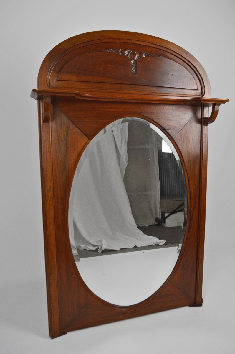 Art Nouveau Carved Walnut Fireplace Mirror/trumeau, Circa 1910-photo-2